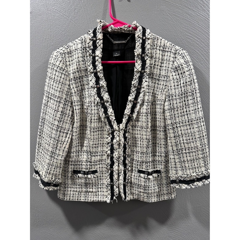 White House Black Market Tweed Blazer Black White Plaid Ruffle Peplum Jacket 6